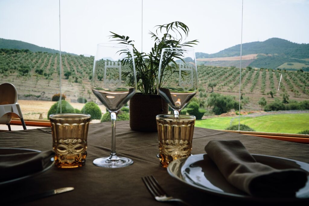 copas de vino sobre la mesa frente al campo restaurante la divina del rosalejo restaurant in the mountains of cadiz andalusia