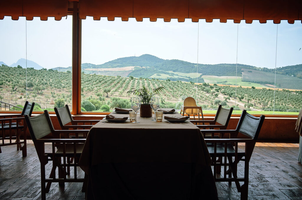 mesa junto al ventanal viendo el campo en restaurante la divina del rosalejo restaurant in the mountains of cadiz andalusia